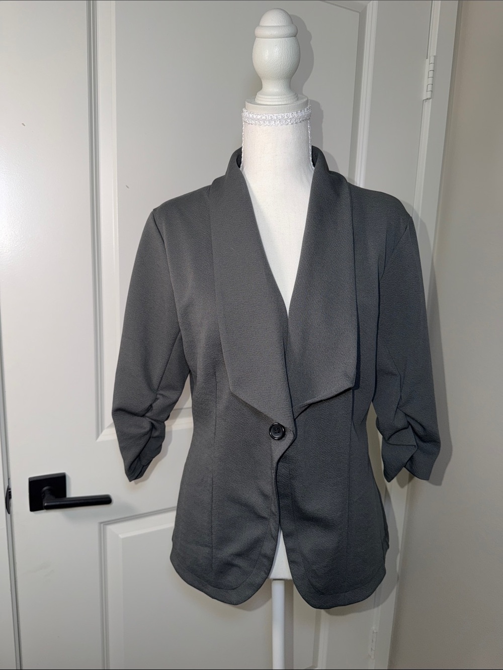 Gray Draped Collar Single-Button Blazer